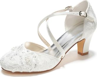 Emily Bridalwear 1505-13-1 Womens Wedding Shoes Closed Toe 2.56 Inches Chunky Heel Lace Satin Pumps with Lace Flower Sequin Imitation Pearl Buckle Bridal Shoes(EU36/UK