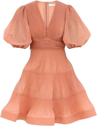 Zimmermann Kleedjes, Dames, Oranje, S, Polyester, Geplooide Mini Jurk Perzik Diepe V-hals