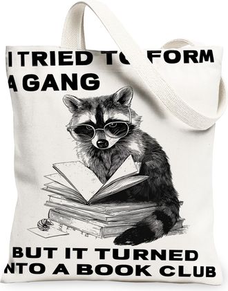 Generic Raccoon Canvas Tote Bags, Cute Animal Design Reusable Grocery Bags, Vintage Lightweight Washable Shoulder Strap Canvas for, White, 13x15 Inch