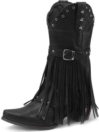 Generic Womens Pointed Toe Western Cowboy Boot Pull on Mid-Calf Boots with Studded Block Heel Retro Tassel Boots,Black,3.5 UK