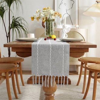 OEM Camino De Mesa Estilo Campestre Con Borlas, Largo 200 Cm, Como Decoraci&oacute;n De Tocador Y Como Decoraci&oacute;n De Comedor (33 X 200 Cm)