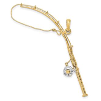 Diamond2Deal 14k Yellow Gold Rhodium 3-D Moveable Fishing Pole Reel Charm