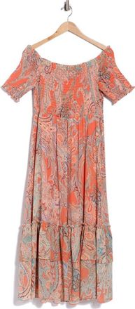 L'agence Oriel Off the Shoulder Smocked Fit & Flare Dress in Orange/Light Blue Trdtnl Psly at Nordstrom Rack, Size Xx-Small