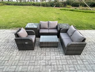 Fimous High Back Rattan Garden Furniture Set with Loveseat Sofa Rectangular Coffee Table 2 Side Tables Indoor Outdoor Patio Lounge Sofa Set Dark Grey Mixed