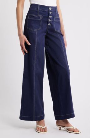 Wit & Wisdom Skyrise High Waist Exposed Button Fly Wide Leg Pants in Evening Blue at Nordstrom, Size 18P