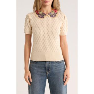 By Design Enya Rosebud Collared Short Sleeve Sweater in Cloud Dancer W/Multi Collar at Nordstrom Rack, Size X-Small