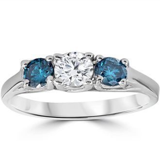 Pompeii3 3/4ct 3 Stone Blue & White Diamond Trellis Engagement Ring 14K White Gold Size Selectable