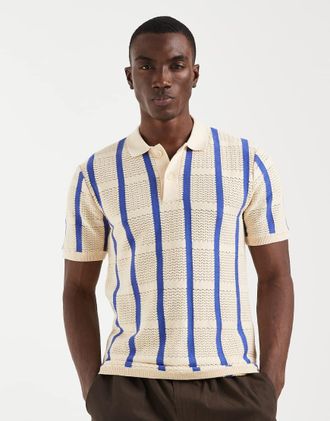 Blend Polo in maglia 100% cotone color sabbia candeggiato a righe-Neutro