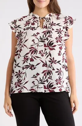 Nordstrom Rack Ruffle Tie Neck Top in Ivory- Burg Sunset Floral at Nordstrom Rack, Size 2X