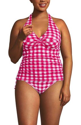 Lands End Twist Halter Tankini Top in Azalea Pink Gingham Pique at Nordstrom, Size 18W