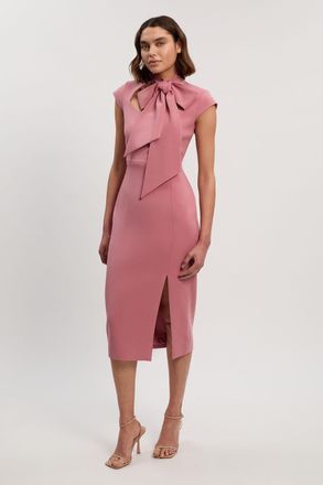 Karen Millen Womens Petite Compact Stretch Bow Tie Neck Tailored Pencil Midi Dress - Rose - Size 14 UK