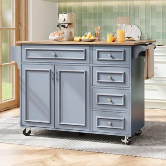 Merax Mobile Kitchen Island Serving Trolley with Foldable Worktop &4 Drawers in Blue