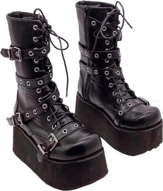 Generic Plus Size Boots Buckle Round Toe Wedges Platform Boots Punk Goth INS Street Shoes Combat Boots For Women(7.5 UK)
