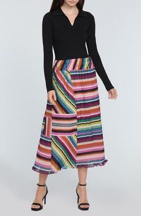 Elie Tahari The Maeve Mixed Media Long Sleeve Midi Dress in Noir With Venus Stripe at Nordstrom Rack, Size Small