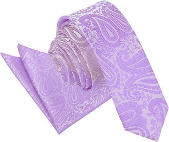 DQT Paisley Floral Patterned Wedding Skinny Neck Tie & Pocket Square Set for Men in Lilac