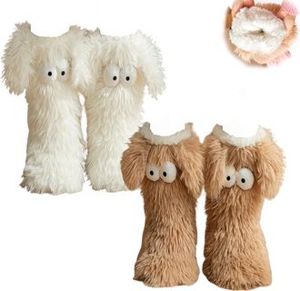 Generic Cozy Socks with Eyes,Cute Eye Winter Fuzzy Non-slip Slipper Socks,Fuzzy Soft Cozy Comfortable Socks for Women,Home Floor Shoes (White+Brown)