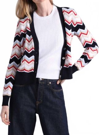 Minnie Rose Chevron V Neck Cardigan In Nav Combo
