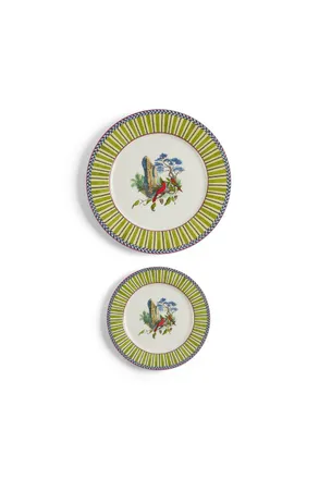 Lisa Corti Porcelain Set Plate of 2 Jungle Parrot Green