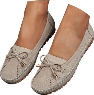 Generic Womens Suede Loafers Perforated Ballet Flat with Bow Breathable Memory Foam Insole Shoes Rubber Sole for All-Day Wear (Beige, 5.5)