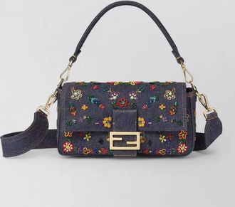 Fendi baguette shoulder bag denim floral embroidery