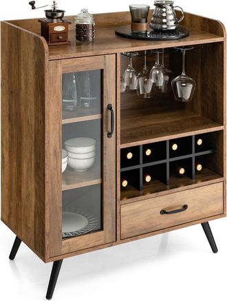 Costway Costway - Armario De Vino, Gabinete De Licor Con Puerta Y Caj&oacute;n, Gabinete De Almacenamiento De Madera Con Estante De Vino Y Portavasos, Aparador Indus