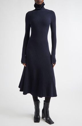Alaia Long Sleeve Wool & Silk Blend Fit & Flare Sweater Dress in Marine at Nordstrom, Size 6 Us