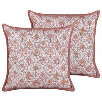 Beliani Conjunto De 2 Cojines De Algod&oacute;n Rojo Claro Blanco 45 X 45 Cm Floral Flecos Picea