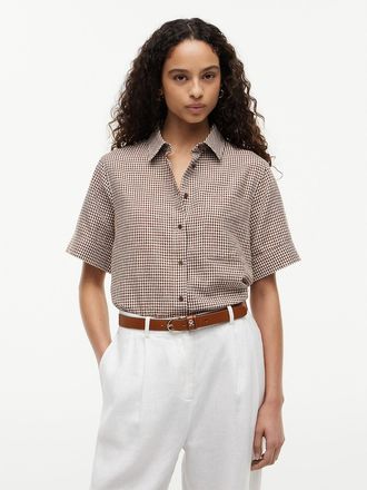 Tommy Hilfiger Womens Gingham Linen-Blend Shirt - Brown - XS