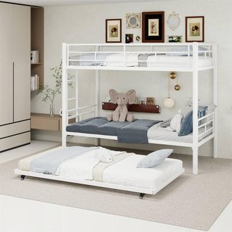 Direct Wicker Reinforced Metal Three-Layer Bunk Bed with Pull-Out Bed in White | Size: Single