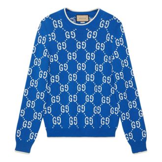 Gucci Jumbo GG Jacquard Crew Neck Sweater Blue Ivory 694767-XKCDF-4559