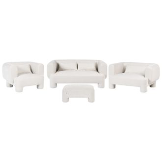 Beliani Conjunto De Sala De Estar Otomana Sof&aacute; Sill&oacute;n Tapizado De Tela Con Textura Aterciopelada Patas Cil&iacute;ndricas Estilo Org&aacute;nico Blanco Hogbo