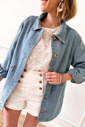 Azura Exchange Womens Oversized Denim Shirt Relaxed Fit - Light Grey Cotton - Size Medium