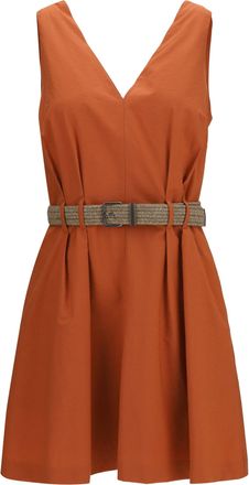 Brunello Cucinelli Womens Pleated Dress With Rope Belt Tangerine Cotton