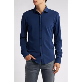 BOSS Roan Solid Stretch Cotton Button-Up Shirt in Dark Blue at Nordstrom, Size Xx-Large