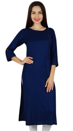 Bimba Women Custom Kurta Designer Kurti 3/4 Sleeve Formal Casual Tunic Blouse Blue