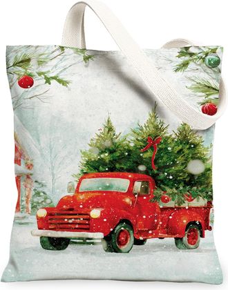 Generic Christmas Vintage Truck Canvas Tote Bags, Festive Tree Design Reusable Grocery Bags, Lightweight Washable Shoulder Strap Fo, Red, 13x15 Inch