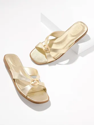 Talbots Eva Ornament Metallic Vachetta Micro Wedge Slides - Gold - 6 1/2 M Talbots