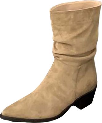 Generic Womens Fashion Solid Color Short Boots Suede Pointed Toe Back Heel Short Heel Mid Calf Boots Over The Knee Leather Boots for Women (Khaki, 5.5)