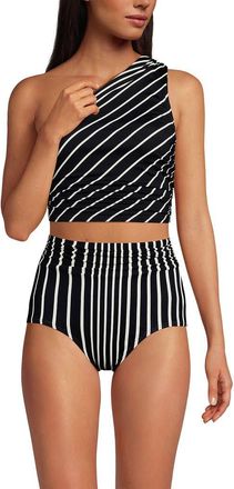 Lands End Ruched One Shoulder Midkini Swimsuit Top in Black/egret Variegated Stripe at Nordstrom, Size 18
