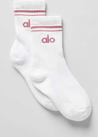Alo | Half-Crew Throwback Socks in White/Pink Wild Rose, Size: Medium