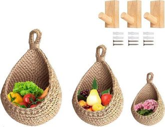 OEM Cesta Colgante, Cesta De Frutas, Cesta De Pared Colgante, Cesta De Mimbre Tejida, De Pared, Mimbre Natural Y Fruta, Con 3 Ganchos