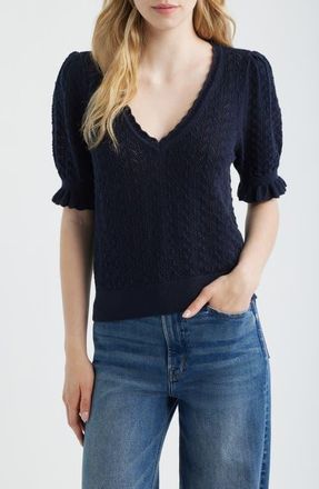 Paige Haisley Pointelle Stitch Organic Cotton & Silk Blend Sweater in Deep Navy at Nordstrom, Size Small
