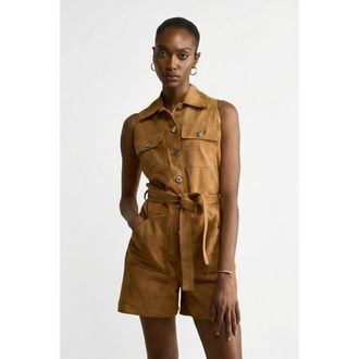 FURNIQ Alina Suede Romper in Pastel Brown at Nordstrom, Size Xx-Large