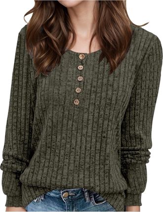 Generic Ladies Jumpers Crew Neck Button Down Womens Sweaters Soft Long Sleeve Tops Solid Colour Jumpers for Women UK Warm Autumn Winter Womens Jumper Lounge W