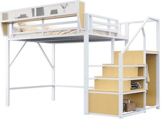 STILVORA Cama Alta 140 X 200 Cm, Doble Con Escalera De Seguridad Y Estante Desmontable, Sin Colch&oacute;n, Blanco