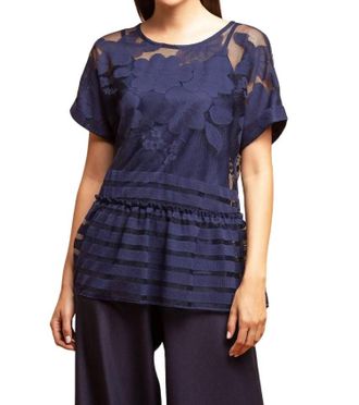 Eva Franco Peplum Top In Navy Lace
