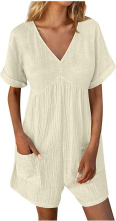 Generic Womens Short Jumpsuits Short Sleeve V Neck Romper Casual Loose Playsuits Summer Jumpsuit All in One Jumpsuit Overalls Onesies Wide Leg Pants Shorts Du