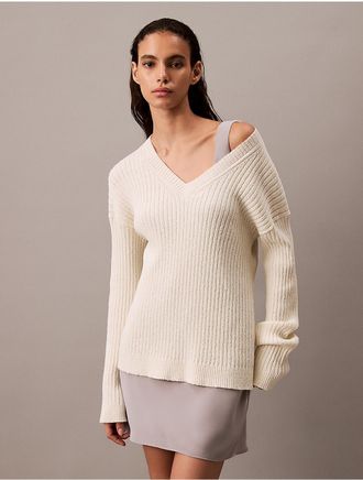 Calvin Klein Womens Soft Rib V-Neck Sweater - White - XS