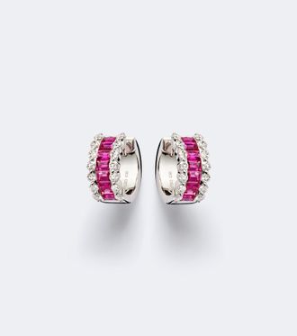 Bucherer Baguette Love 18kt white gold hoop earrings with rubies and diamonds