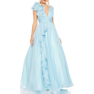 Mac Duggal Chiffon One Shoulder Ruffle Detail Ball Gown in Powder Blue at Nordstrom, Size 14